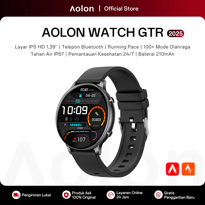 Aolon GTR Jam Smartwatch Waterproof 1.39 Inch HD Touch Screen Kalkulator Wallpaper Kustom Jam Tangan