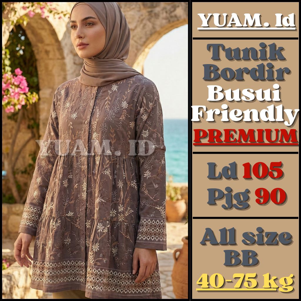 Tunik Wanita Terbaru 2025 Motif Bunga Bordir / Kemeja Muslimah Panjang Lengan Serut Import Busui Fri