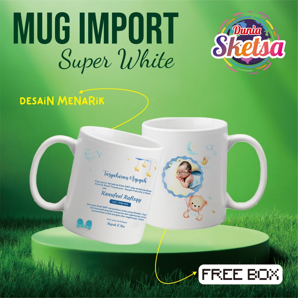 MUG TEMA AQIQAH BLUE BEBAS TAMBAH NAMA FOTO DLL