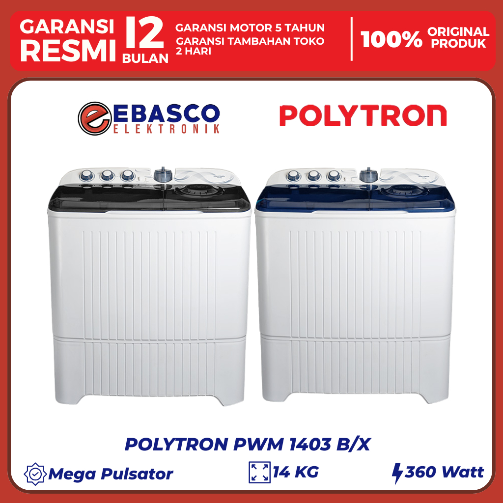 POLYTRON Mesin Cuci  PWM 1403 B-X 2 Tabung 14 Kg Low Watt Bergaransi Resmi