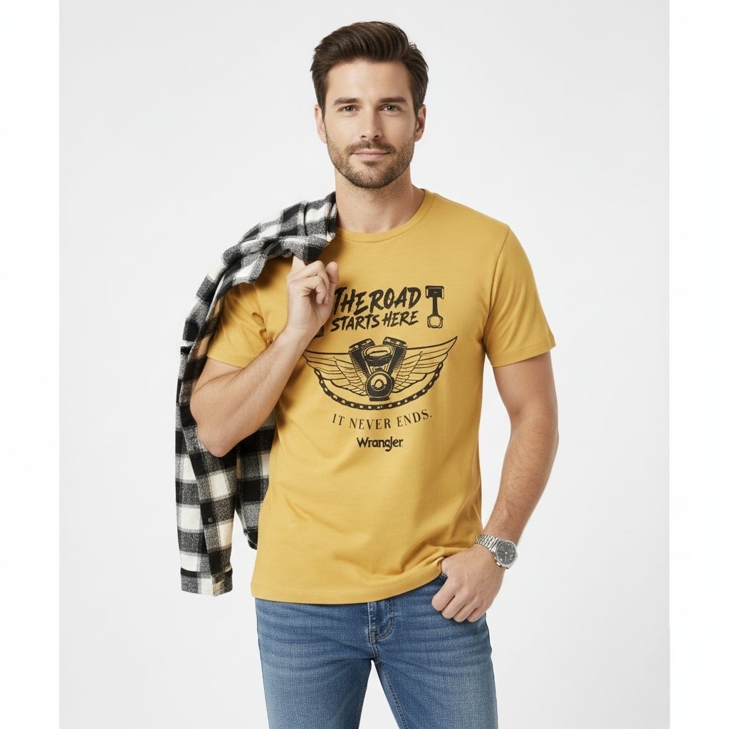 Baju Atasan Kaos Wrangler Original Tangan Pendek Warna Kuning soft Printed Baju Kaos Atasan Cowok Wr