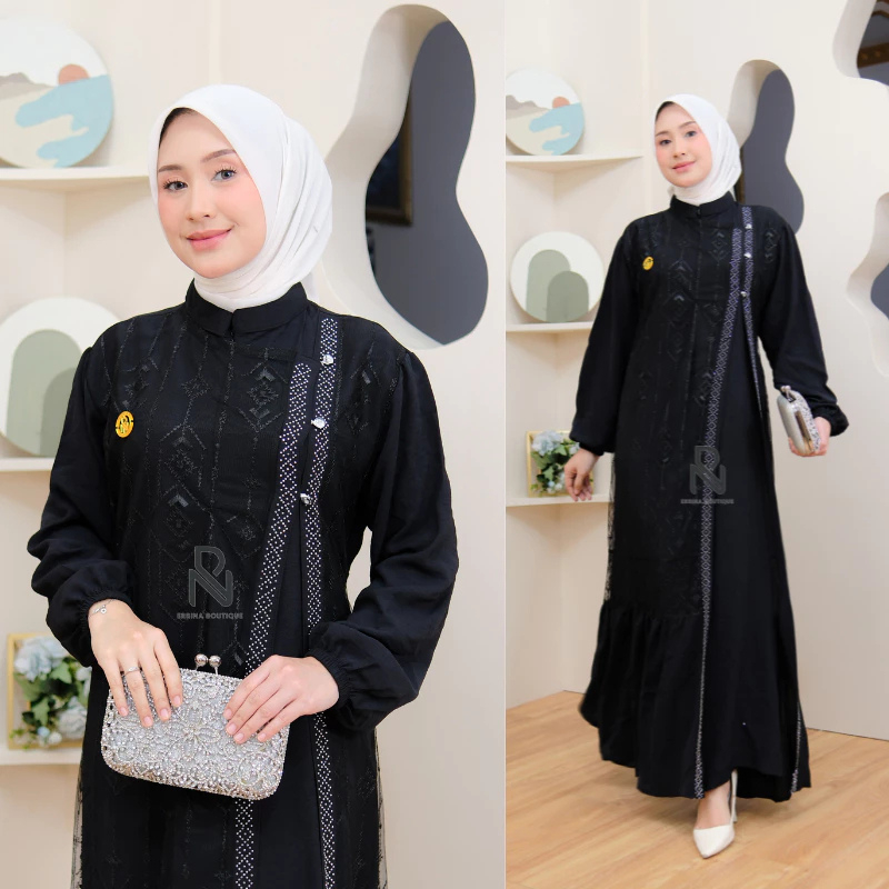 Gamis Brokat Elegan Pesta Muslimah Premium-Naura-Hitam
