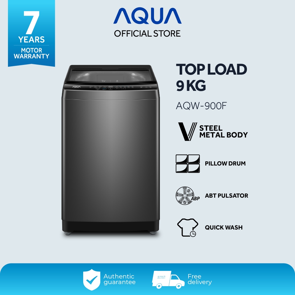AQUA Elektronik AQW-900F Mesin Cuci Top Loading 9 Kg - V Steel Metal Body - Pillow Drum - ABT Pulsat