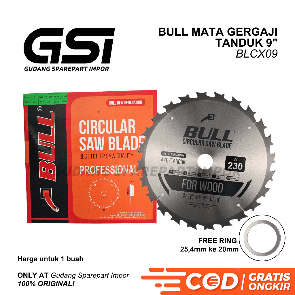 BULL Mata Gergaji Kayu 9 inch AKB BELAH KAYU / Circular Saw Blade 9" BLCX09