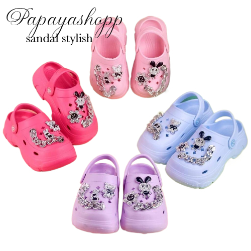 Sandal Selop Jokixx Sandal Bakpao Sandal Crocs Anak Cewek Jibbitz Rantai Silver Sandal Kelinci Bunny