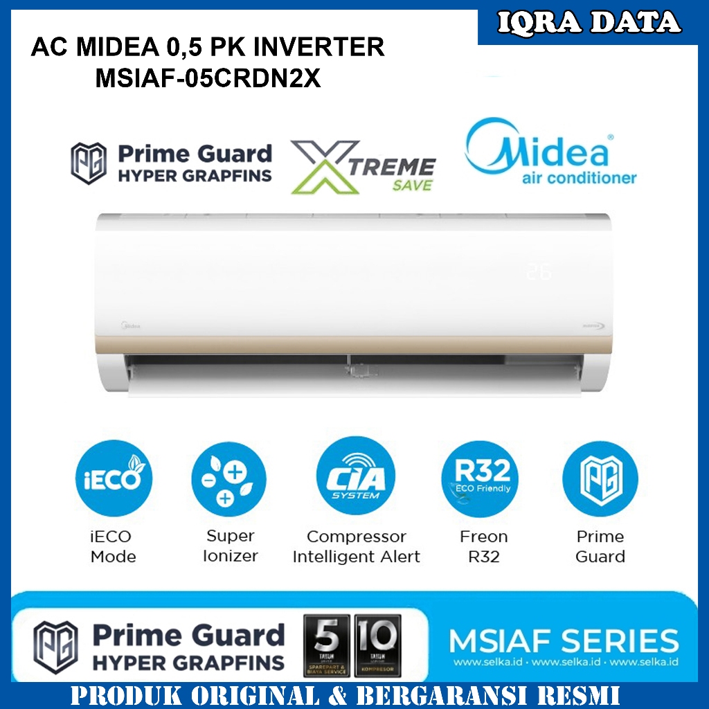 Midea AC Inverter 1/2 PK MSIAF-05CRDN2X - iECO Mode - Follow Me - Super Ionizer - Self Cleaning