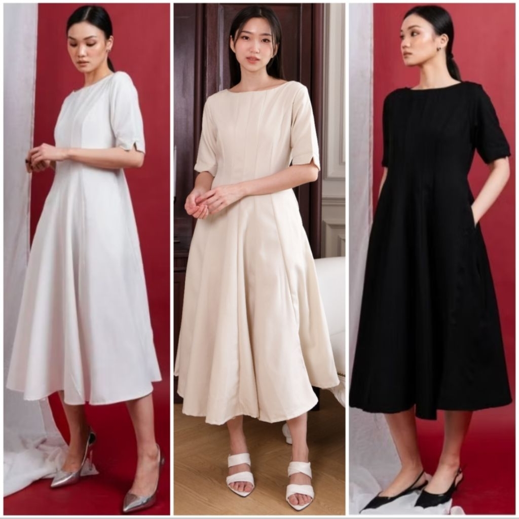 Ready Best Seller Sheliciousroom Premium Lokal Bella Vintage Classic Plain Midi Flare Semiwool Dress