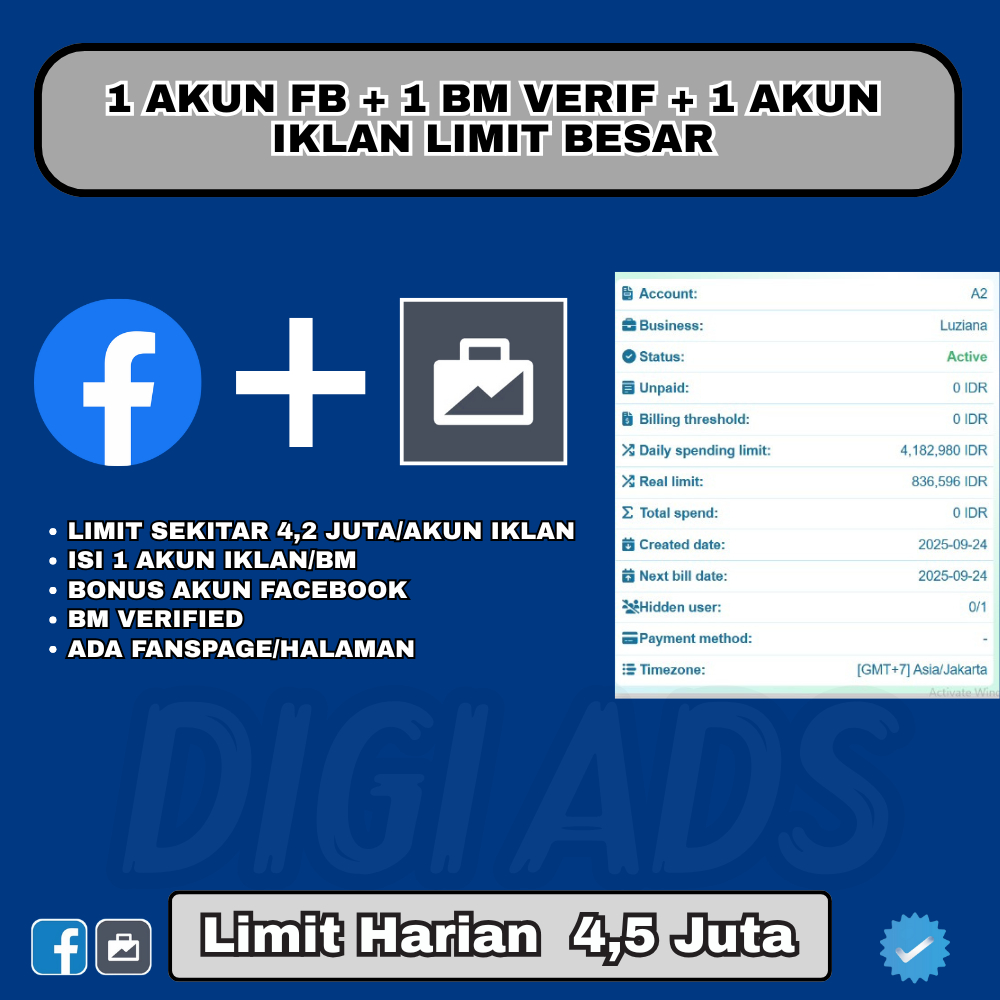 1 AKUN FB + 1 BM VERIF + 1 AKUN IKLAN LIMIT BESAR