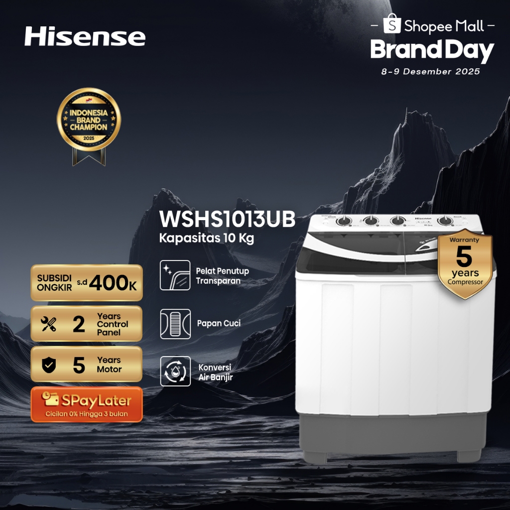 Hisense Mesin Cuci WSHS1013UB Top Loading Twintube Kapasitas 10KG 2 Tabung Bukaan Atas Pelat Penutup
