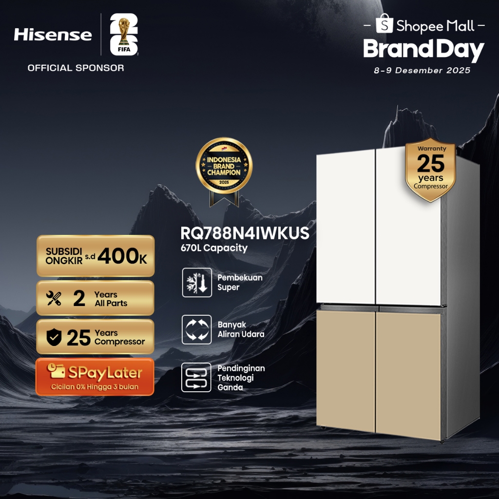 Hisense Kulkas RQ788N4IWKUS Refrigerator 4 Pintu Kapasitas 670L Warna Putih Glass Door Inverter Pro 