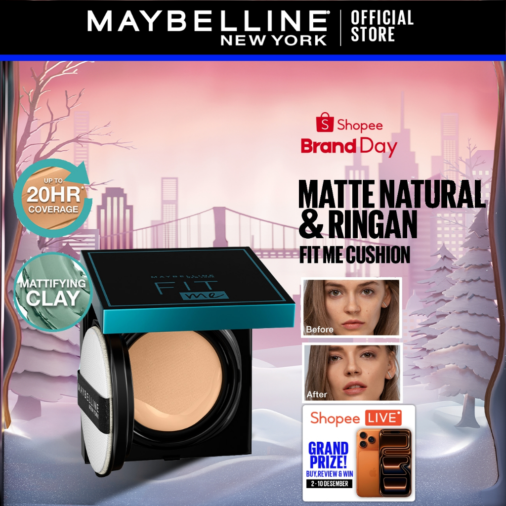 MAYBELLINE OFFICIAL Fit Me Matte+Poreless Cushion Foundation 14gr - Makeup Ringan Full Coverage Oil 