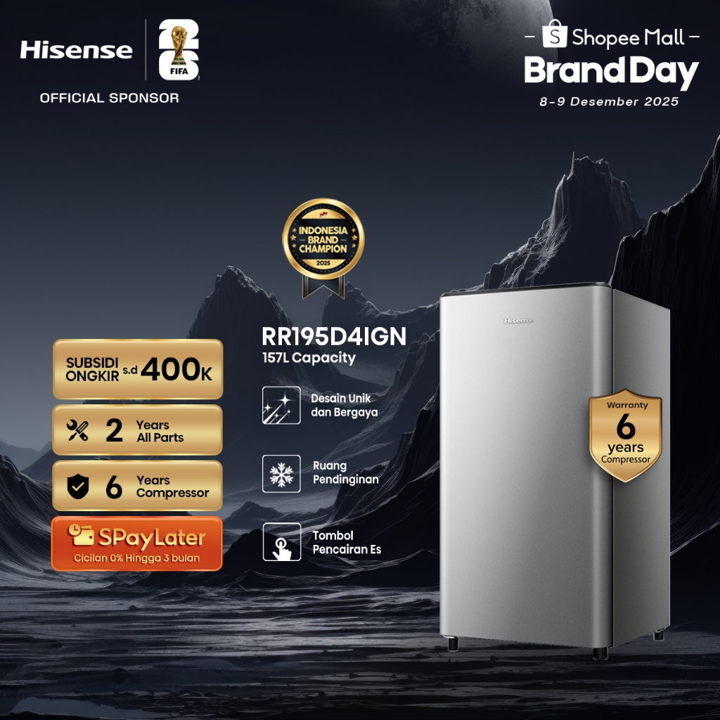 Hisense Kulkas RR195D4IGN Refrigerator Mini Bar Kapasitas 157L 1 Warna Silver Pintu Desain Unik dan 