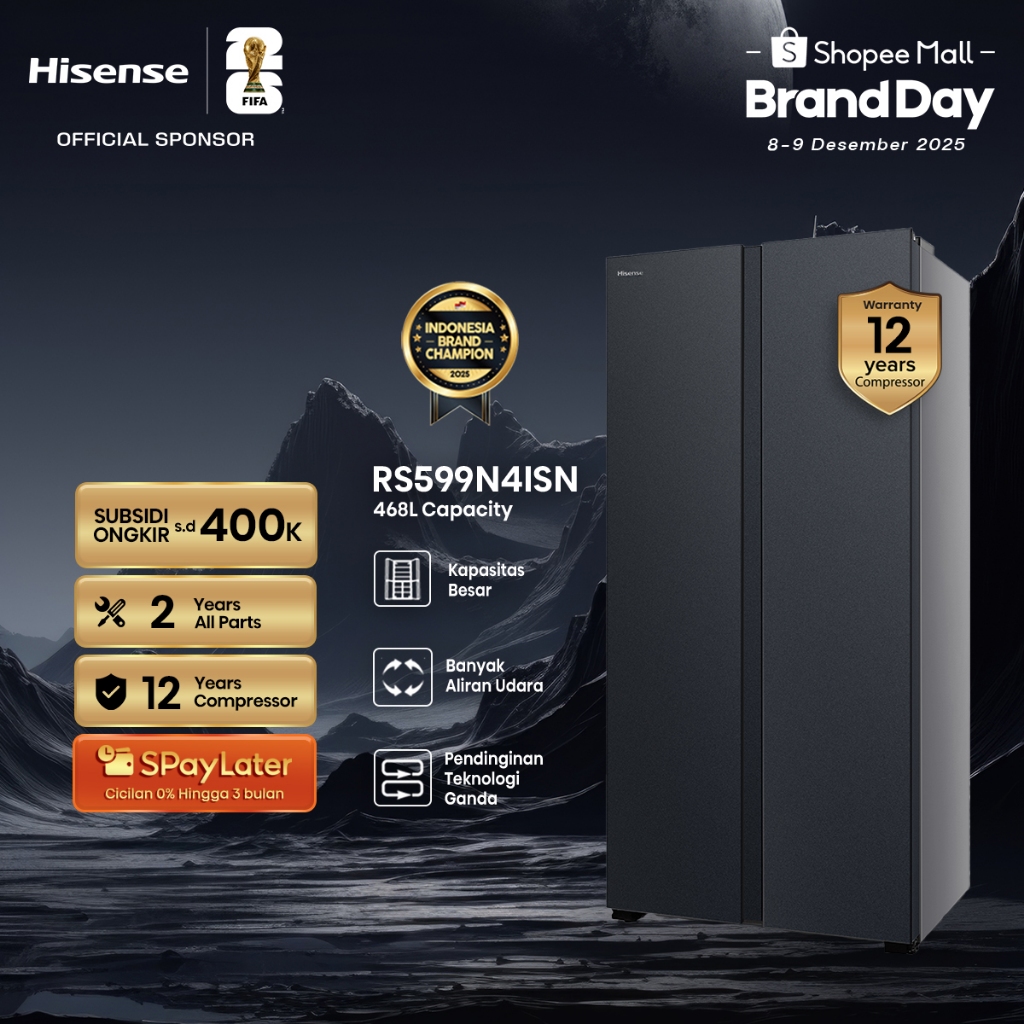 Hisense Kulkas RS599N4ISN Refrigerator Side By Side Kapasitas 468L Warna Abu-abu  Inverter Pro Tanpa