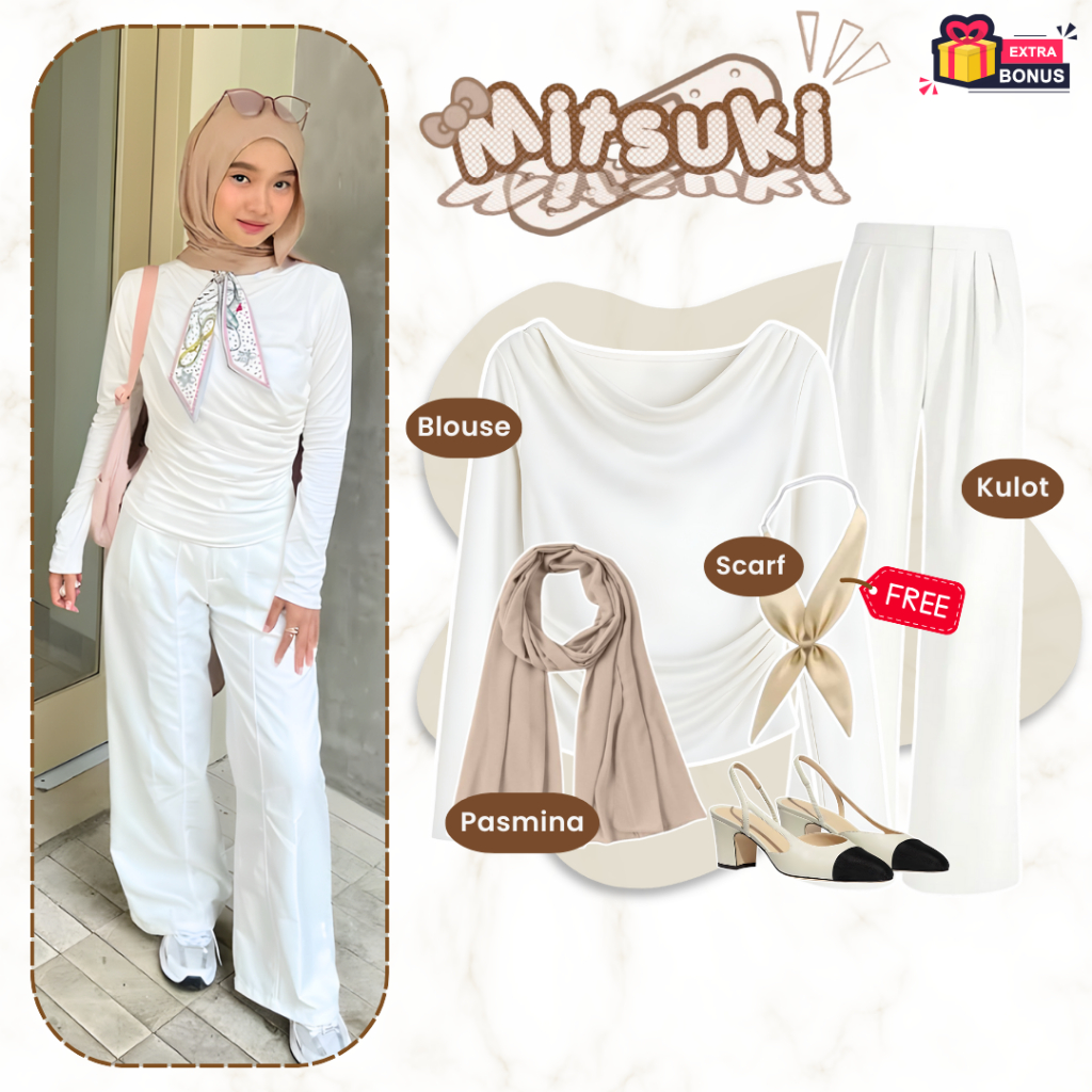 Oneset One set 4in1 setelan hijab wanita blouse atasan april top celana kulot knit hijab pasmina pas