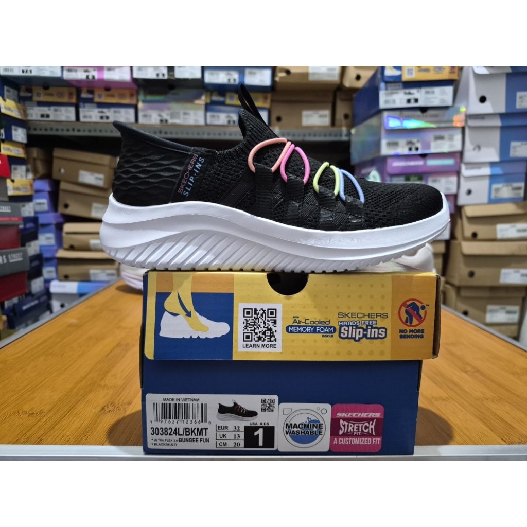 New Limitied Sepatu Anak Skechers Ultra Flex 3.0 Bungee Fun Slip Ins Kids Shoes Girls 303824L/BKMT O