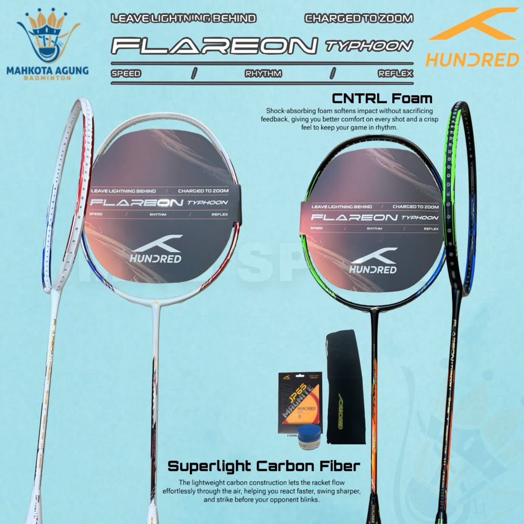 RAKET BADMINTON BULUTANGKIS HUNDRED FLAREON TYPHOON ORIGINAL TERBARU KEREN FREE PASANG SENAR NON COD