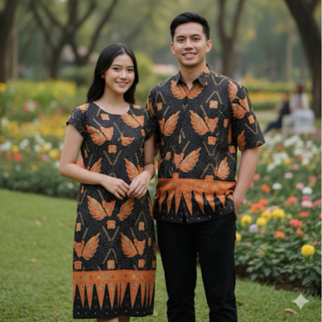 Kain Dobby - Sarimbit Batik Premium Couple Garuda Parba Orange | Hem Pria & Dress Wanita Elegan | Om