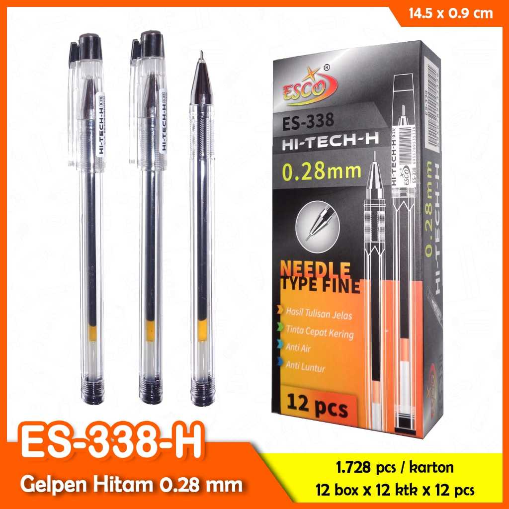 ESCO GEL PEN HI-TECH-H ES338 NEEDLE FINE GEL PEN WARNA HITAM ISI 12