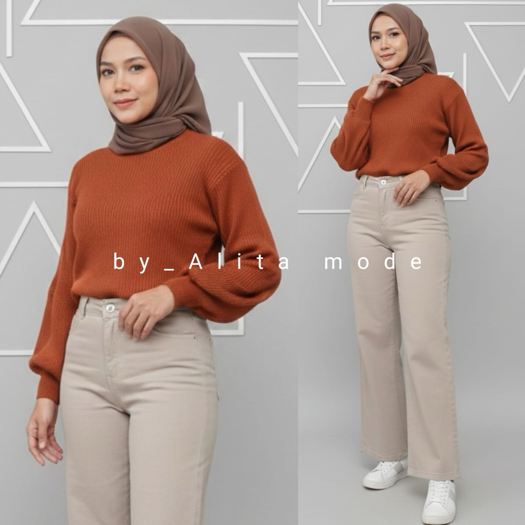 Setelan Wanita Dewasa Kekinian Rajut Tangan Balon Dan Celana Jeans