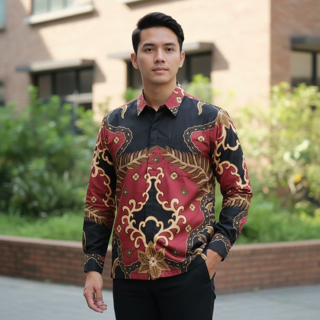 Batik Pria Lengan Panjang Merah Katun Signature Reguler - Seragam Batik Cowok Pesta Dan Kantor  - Fa