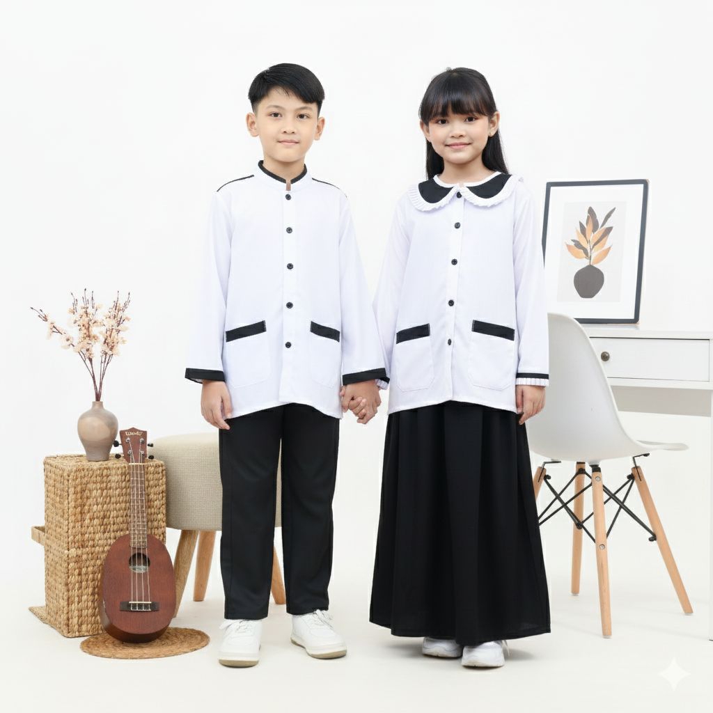 Baju Muslim Anak perempuan dan Laki Laki Warna Hitam Putih / Seragam Sekolah SD Madrasah Warna Putih