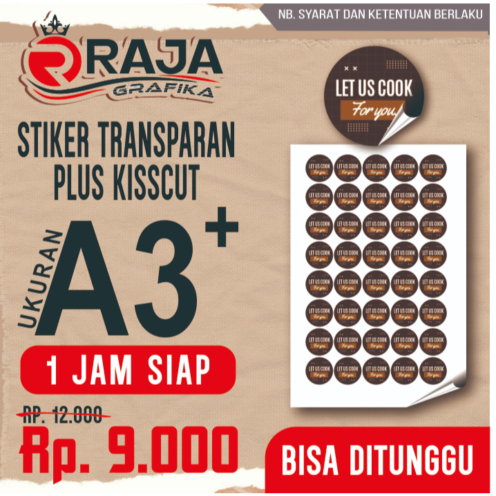 Cetak Stiker Transparan Custom Plus Kisscut A3+ Lamit Doff