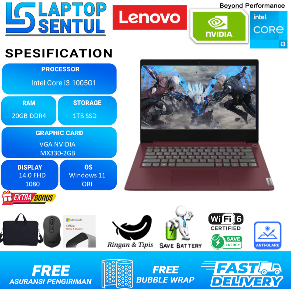 Lenovo Ideapad Slim 3i 14 Intel Core I3 1005G1 MX330-2GB FHD WIN11HOME CHERRY RED