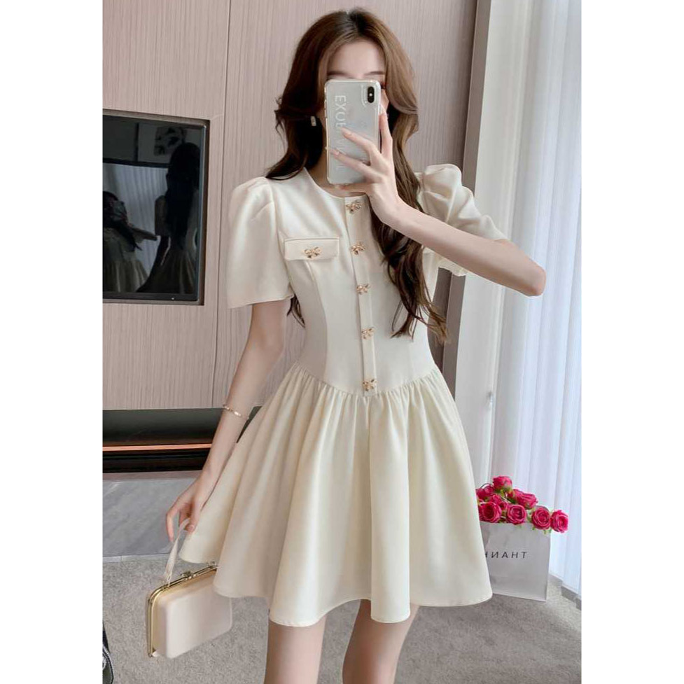 dress putih wanita korea import lengan pendek D8509 / dress natal terbaru