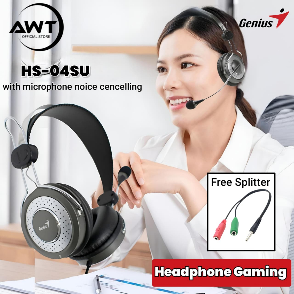 Awt Headphone Headset Earphone Gaming Genius HS04SU HP PC Noise Cancellation Microphone Super Bass