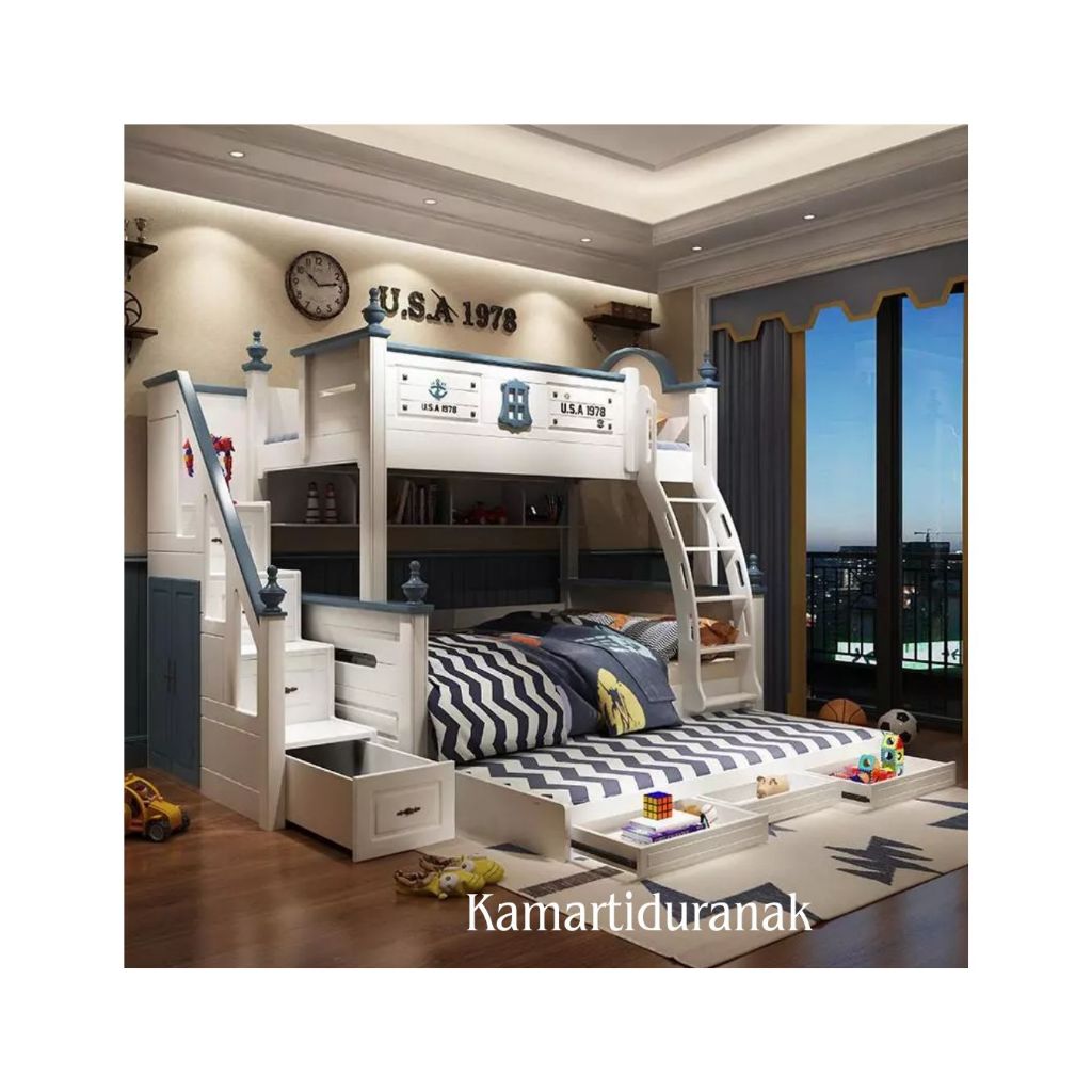 Tempat Tidur Anak Tingkat Navy Kayu Mahoni Kokoh | Tempat tidur tingkat | kasur tingkat 2