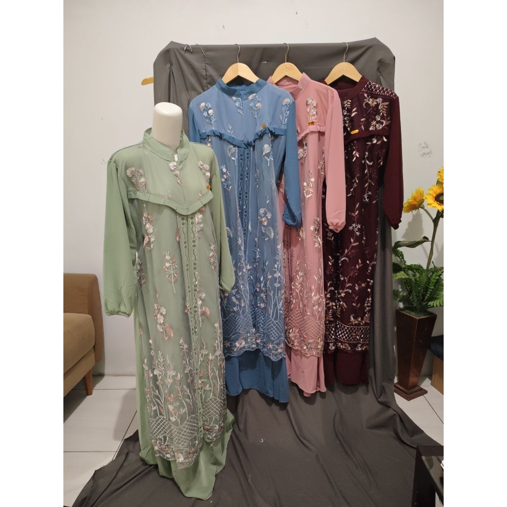 Gamis Pesta Mewah Elegan / Gamis Kondangan/ Gamis Lebaran Mewah / Ceruty Mix Burkat