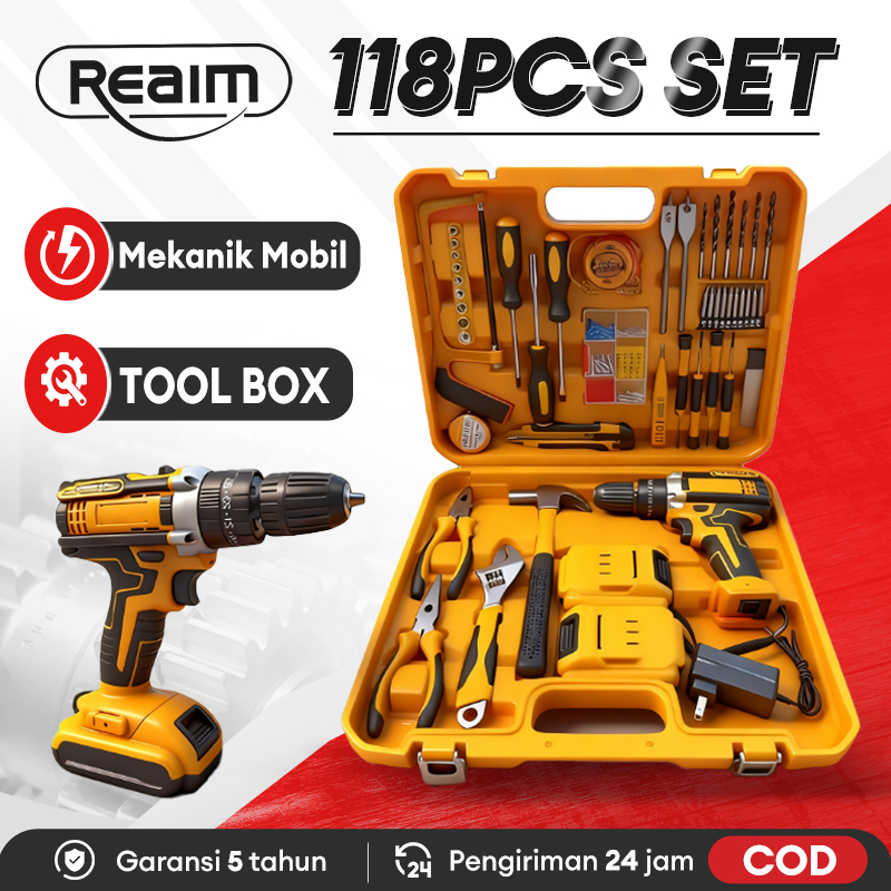 REAIM impact wrench 118 in1 Cordless Bor Listrik Toolkit Satu Set Alat Perkakas Lengkap dengan Tang 