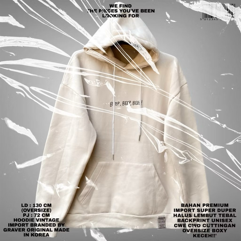 GRAVER HOODIE OVERSIZE BOXY TANGAN BALON BACKPRINT CREAM BROWN UNISEX PREMIUM BAHAN BABYTERRY TEBAL 