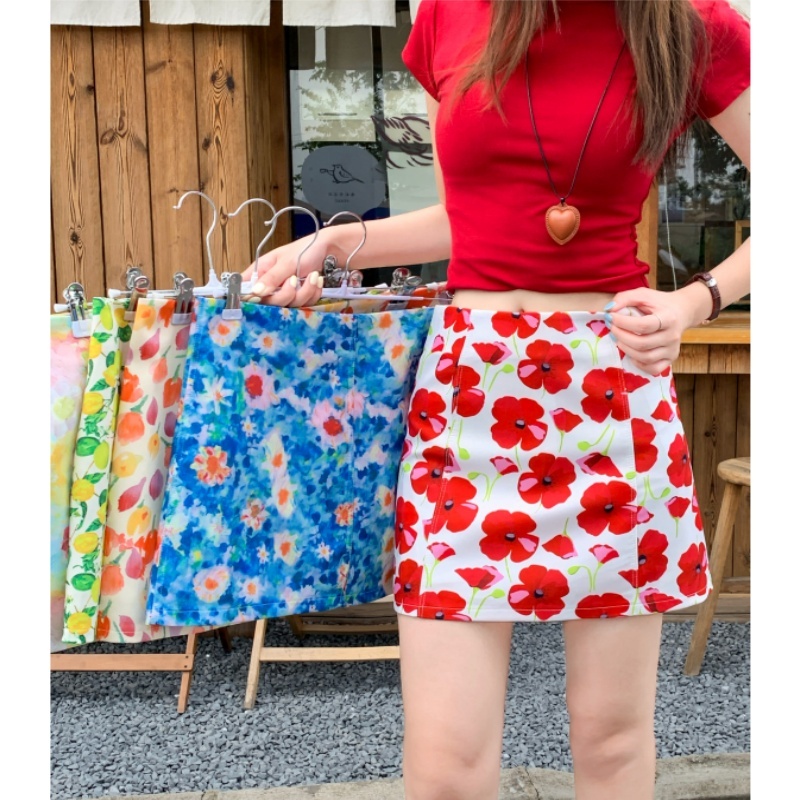 Rok Pensil A-line Bermotif Pinggang Rendah Rok Mini Anti-terpapar Untuk Liburan Pantai Ala Korea