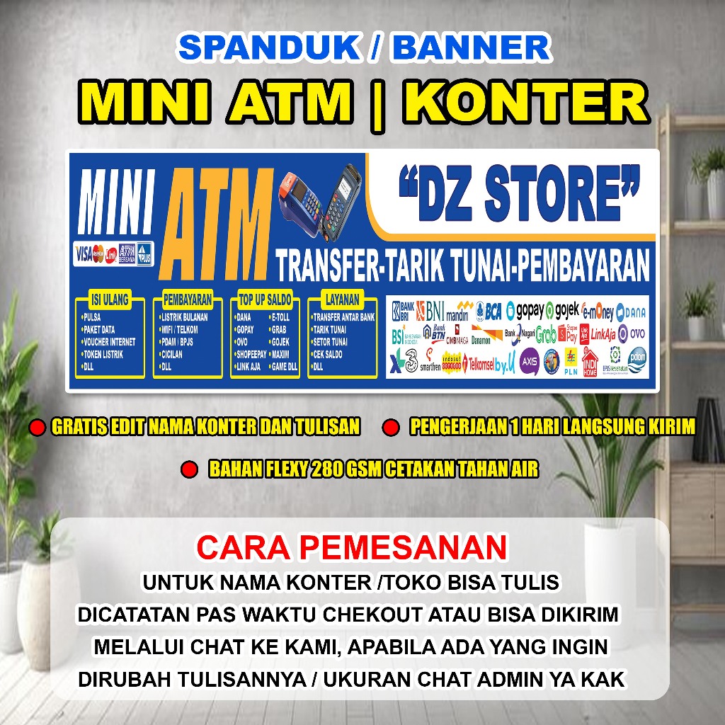 Spanduk/Banner Konter Pulsa / MINI ATM  Backdrop TOKO KONTER / MINI ATM TRANSFER Murahhh 