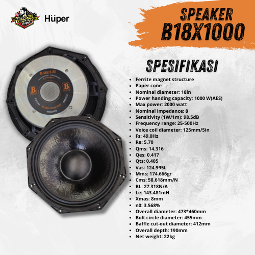 Huper Barclay Speaker Subwoofer B18X1000