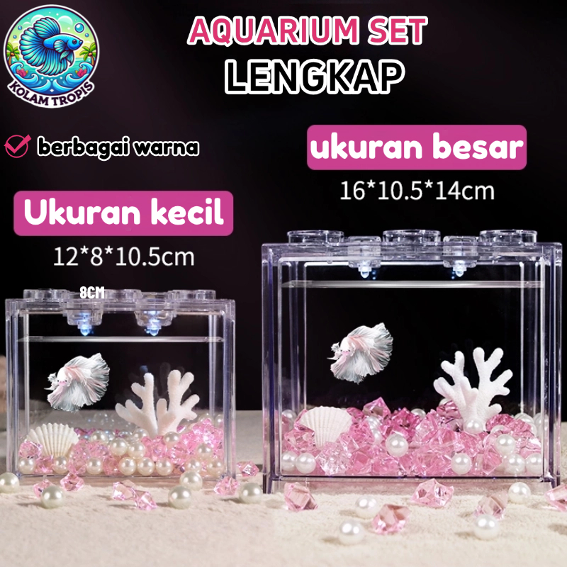 Aquarium Set Lengkap Akrilik Block Akuarium Stackable 2 Ukuran Termasuk Dekorasi dan Lampu LED