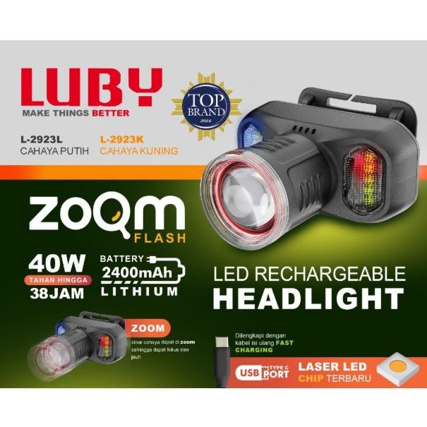 LUBY Headlamp Senter Kepala Zoom In Zoom Out Perbesar Perkecil 40 Watt L 2923