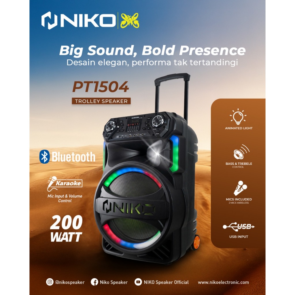 SPEAKER TROLEY NIKO PT1504 15INCB SUPER BIG BASS + 2 MIC