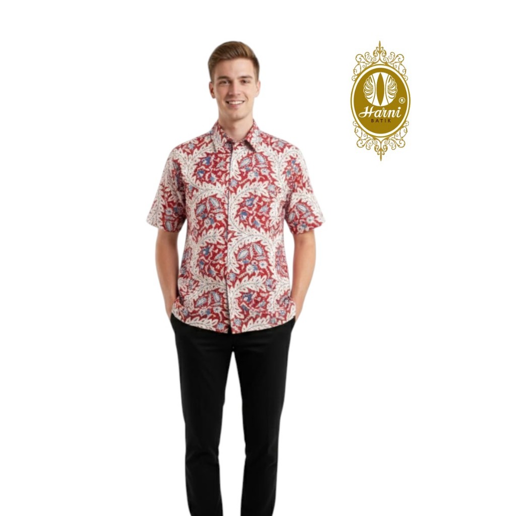 BATIK HARNI Hem Batik Pria Katun Cap SlimFit Merah-Putih