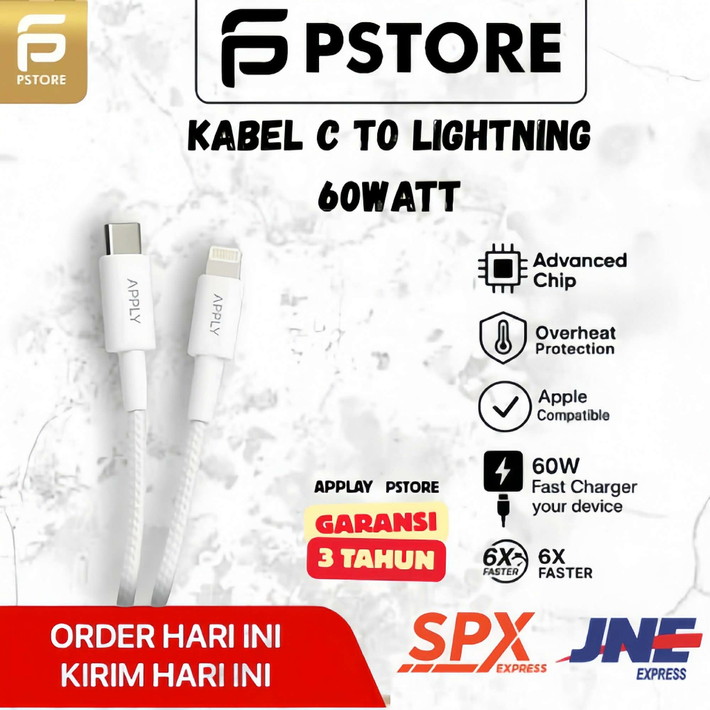 Pstore [GARANSI 3 TAHUN] Apply - MFI Cable Only Lightning 60W For iPhone 8 XR 11 12 13 14 MFI Certif