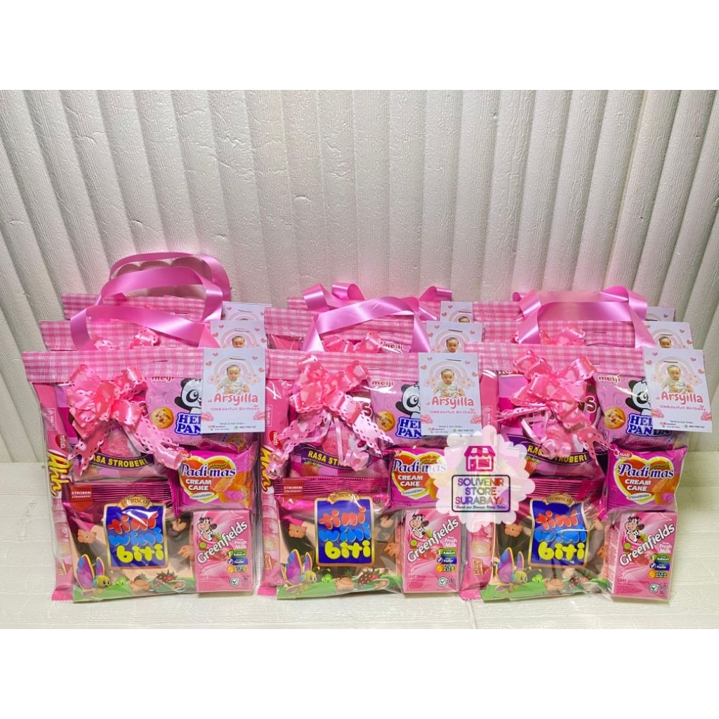Paket snack ulang tahun susu Greenfield Snack ultah anak hamper snack serba pink lucu souvenir snack