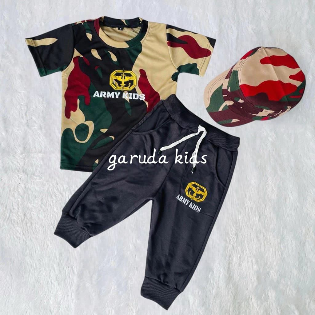 SETELAN KAOS TENTARA ANAK PANJANG FREE TOPI PET LORENG TNI || BAJU ANAK LORENG TENTARA || TOPI KOMAN