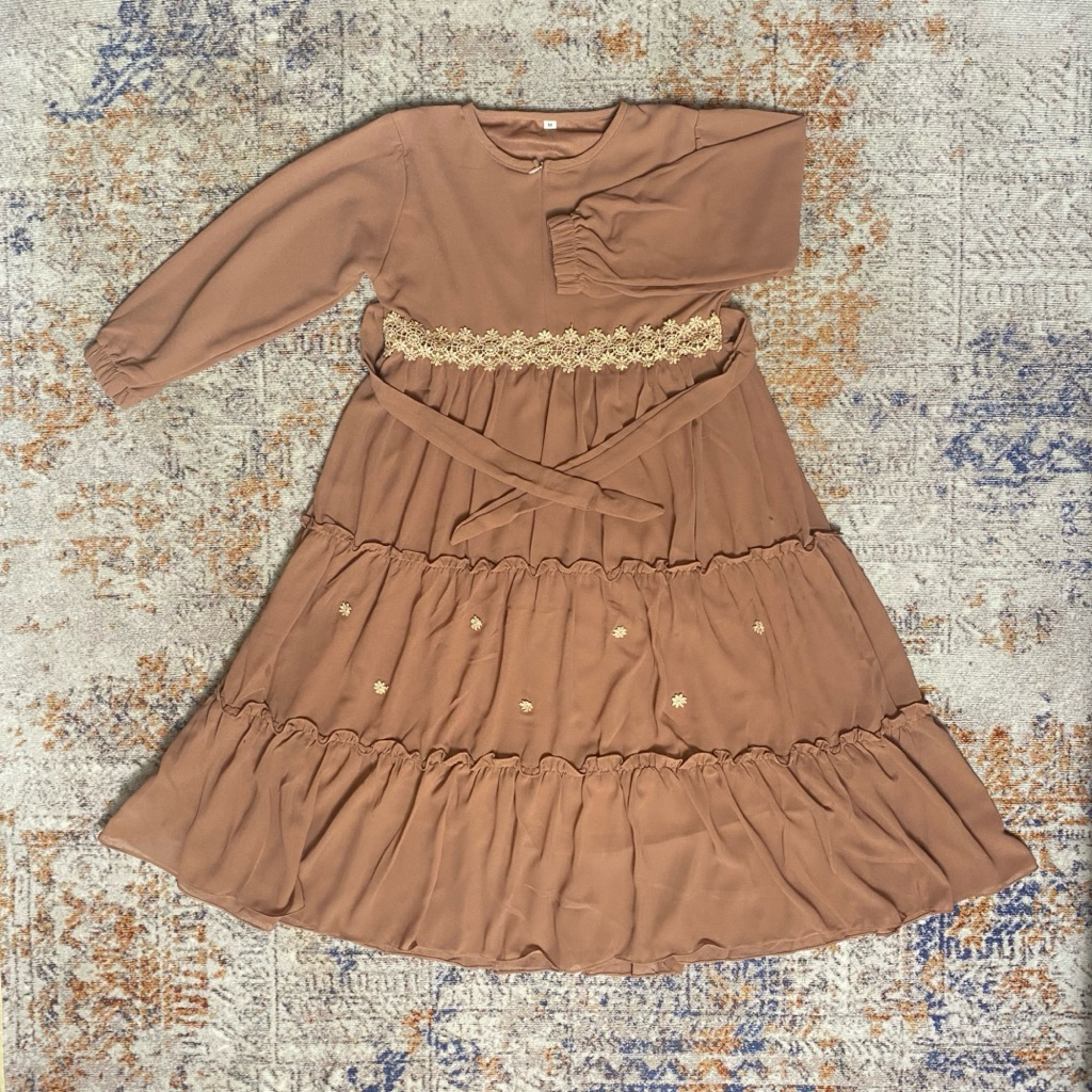 NYNK - Gamis Anak Perempuan tanpa hijab renda bunga mekar rok susun tangan balon