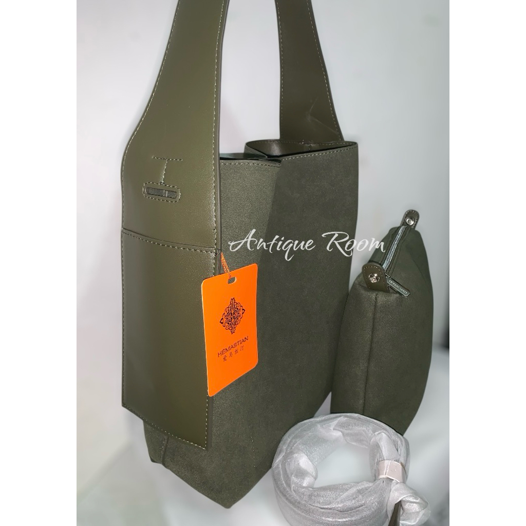 HEMASTIAN HOBO SLING SHOULDER BAG DRIPPY ARMY SUEDE GREEN MEWAH NEW