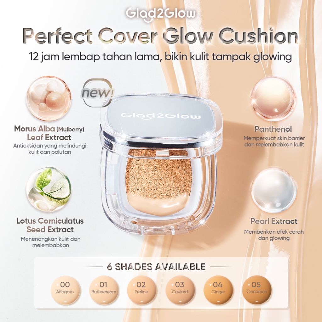 Glad2Glow Perfect Cover Glow Cushion - Cushion Foundation Brightening dengan High Coverage Tahan 12 Jam & Tekstur Ringan, Wajah Glowing Minim Oksidasi - glad2glow Official Store