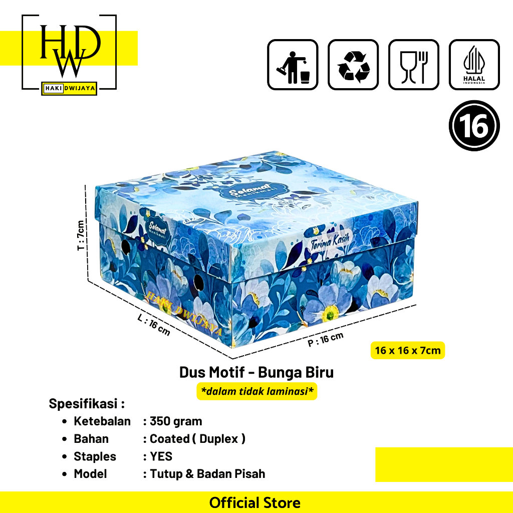 Kemasan Dus / Kotak Nasi dan Snack Ukuran 16x16x7cm Full Colour - Motif Bunga Biru