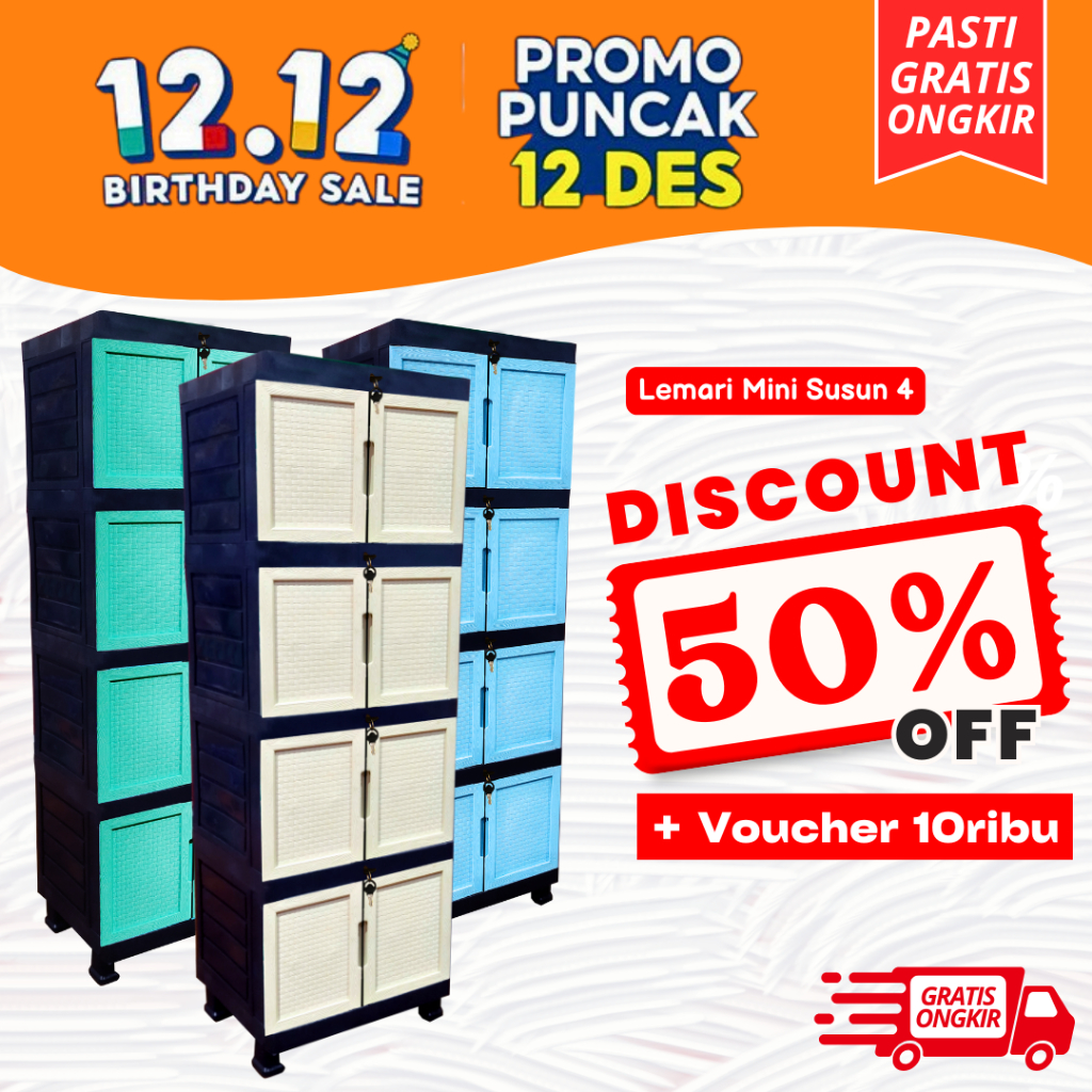 Furniplas WAPOLIN Lemari Plastik  Pakaian Susun 4 Motif Rotan Premium Plastic Warna Cream Ukuran 44 