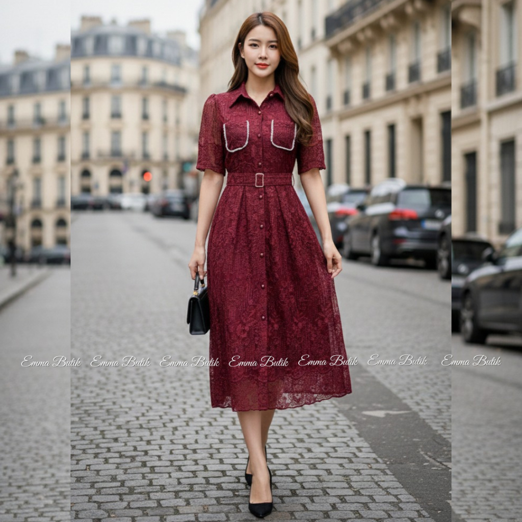 Emma.butik E00494 One Set Rok Lace Bordir Lengan Pendek Setelan Formal Pesta Gereja Wanita