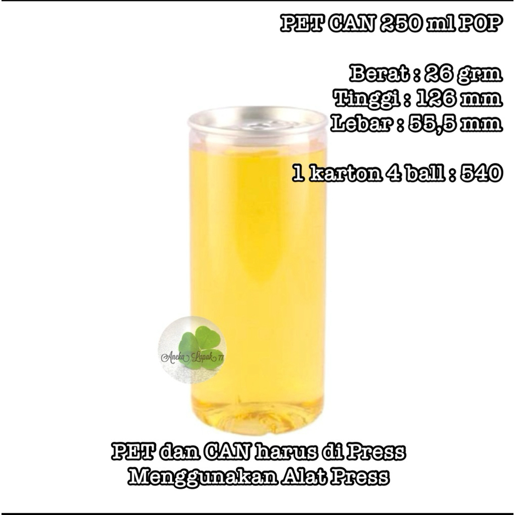 (KARTONAN 540 PCS ) PET CAN 250 ml POP Botol Pet Can Alumunium Untuk Minuman Juice